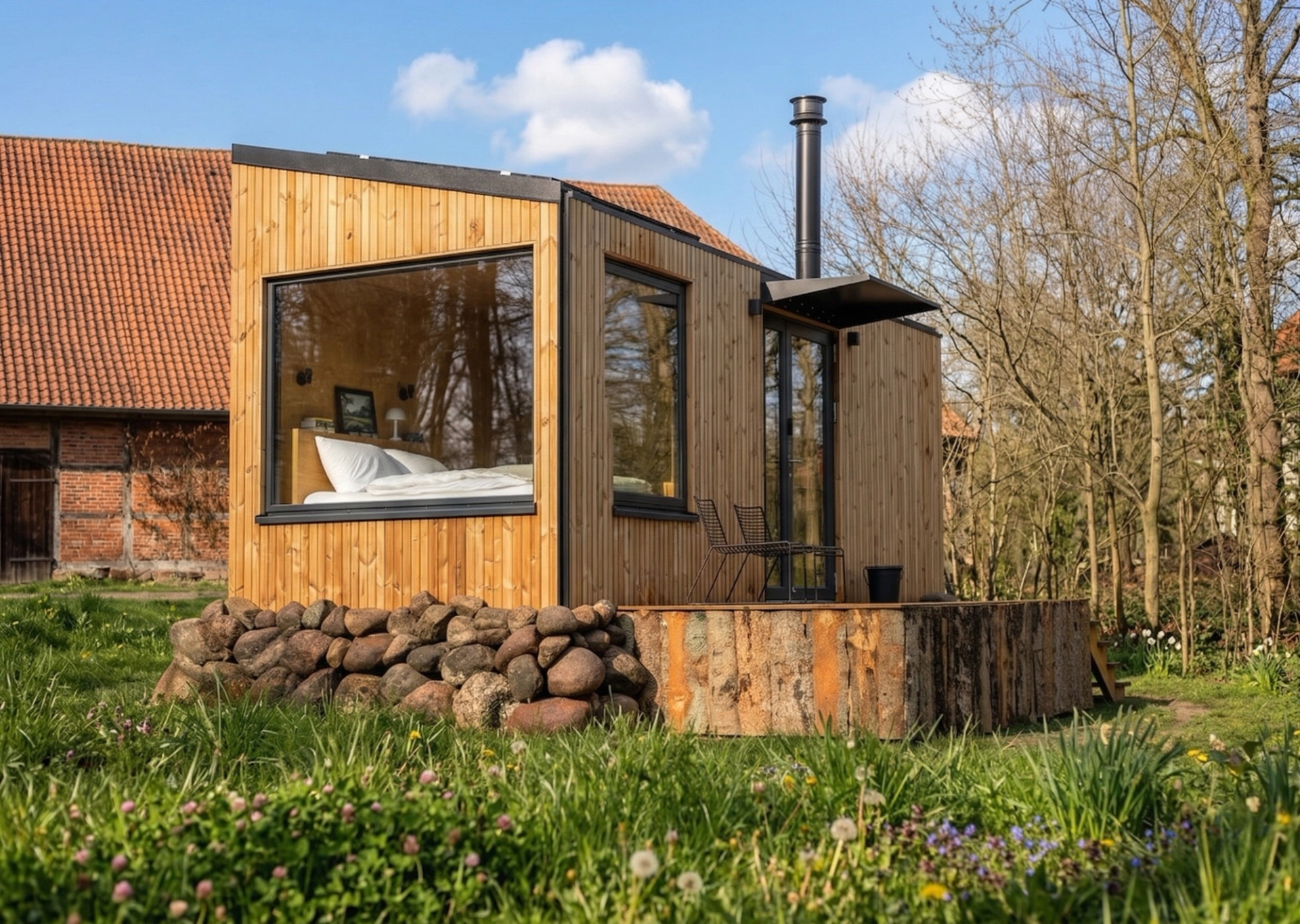 Außenansicht eines Tiny Houses von Raus mit Blick in das große Panoramafenster bei Sonnenschein in Deutschland