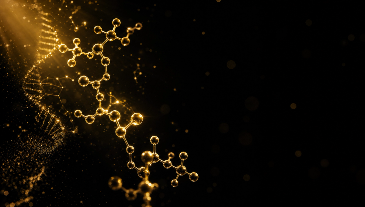 Abstract gold peptide molecule on black — BPC-157 research overview