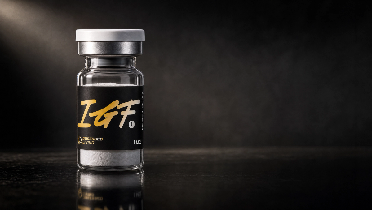 Lyophilized peptide vial on a dark reflective surface — MOTS-c peptide research overview