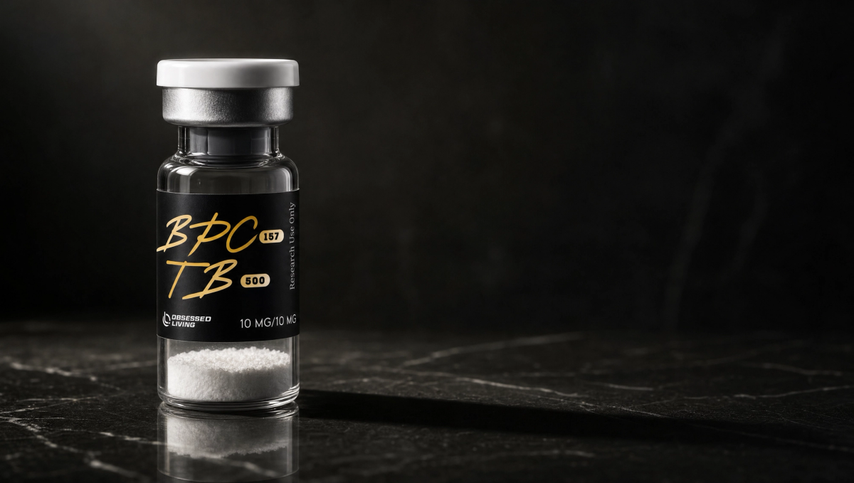 Research vial of BPC-157 / TB-500 with the Obsessed Living label on a dark reflective surface — research-use-only laboratory aesthetic