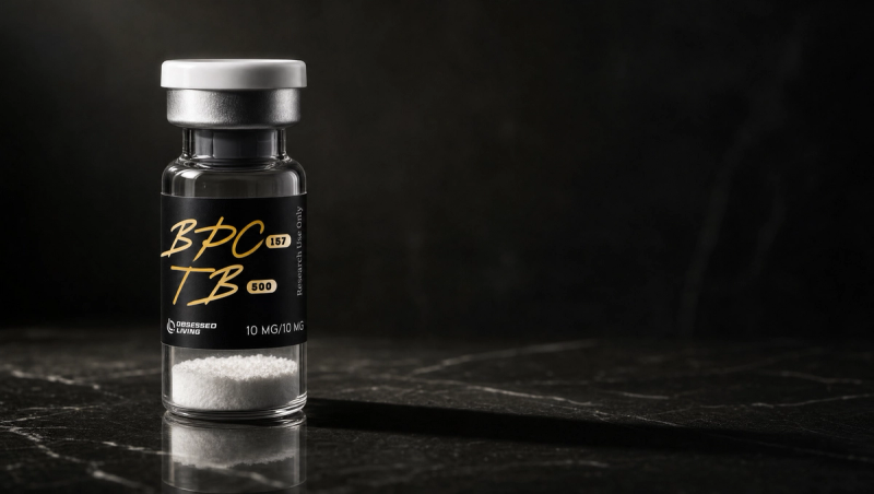 Research vial of BPC-157 with the Obsessed Living label on a dark reflective surface — research-use-only laboratory aesthetic
