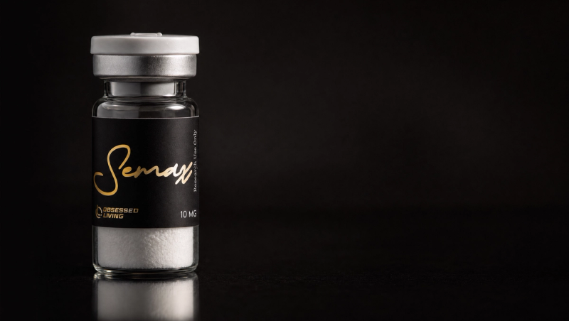 Research vial of Semax with the Obsessed Living label on a dark reflective surface — research-use-only laboratory aesthetic