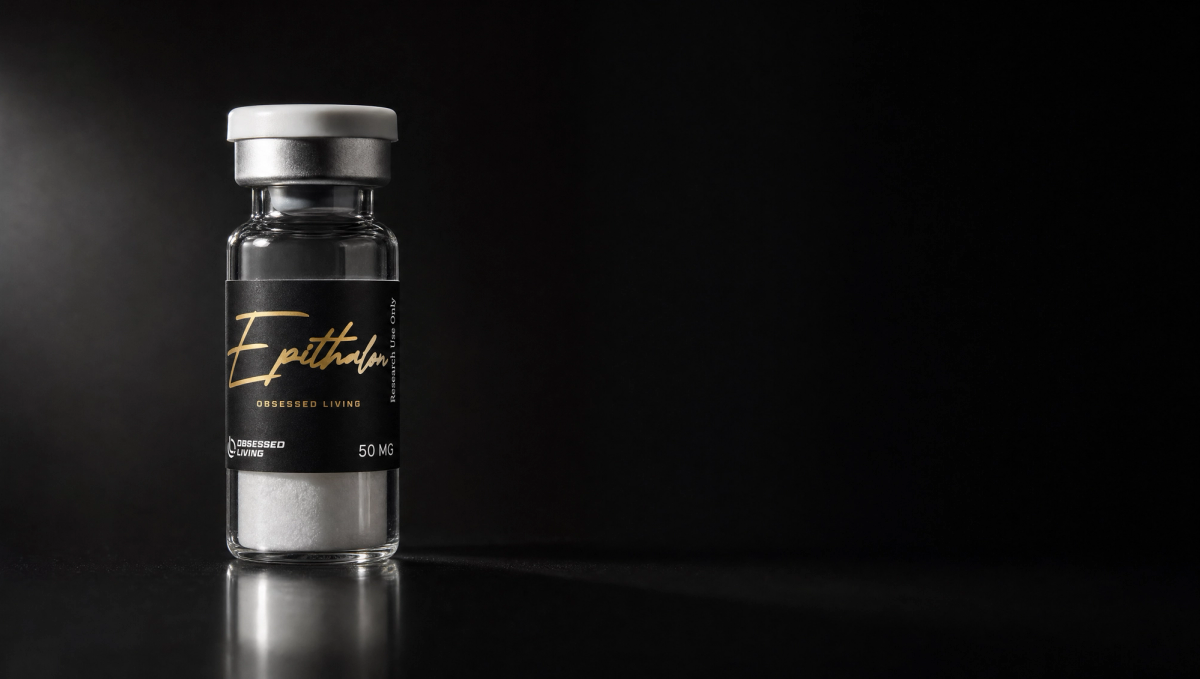 Research vial of Epithalon with the Obsessed Living label on a dark reflective surface — research-use-only laboratory aesthetic