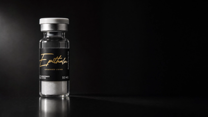 Research vial of Epithalon with the Obsessed Living label on a dark reflective surface — research-use-only laboratory aesthetic