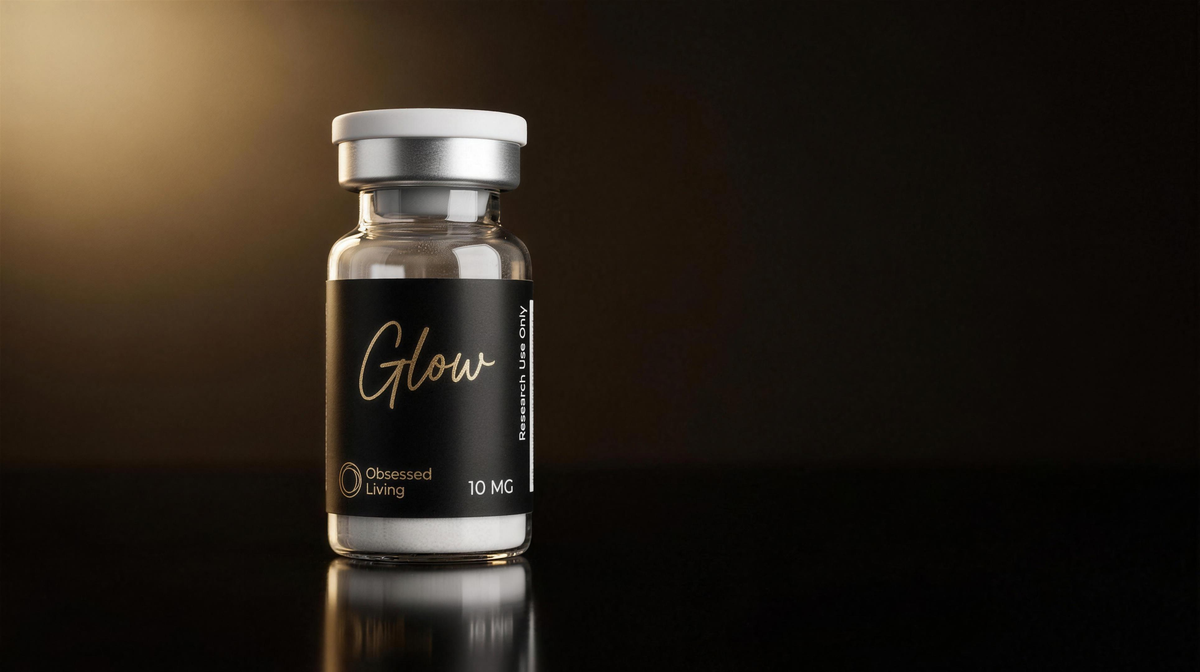 Glow Blend (GHK-Cu + BPC-157 + TB-500) research vial, Obsessed Living, research use only