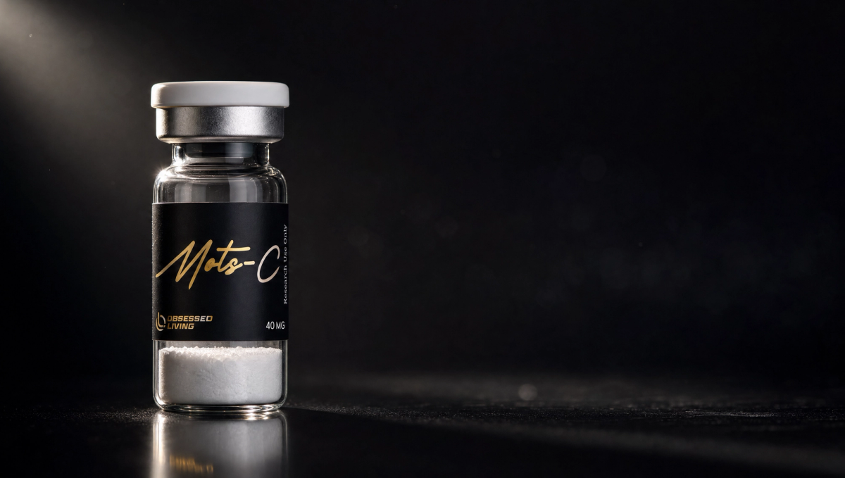 Research vial of MOTS-c with the Obsessed Living label on a dark reflective surface — research-use-only laboratory aesthetic