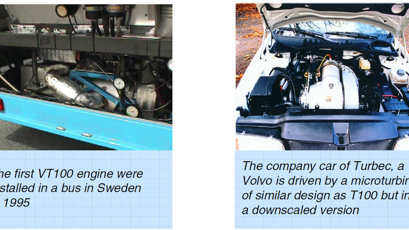 The first VT100 microturbine engine installed in a bus, and the Turbec company car powered by a downscaled microturbine