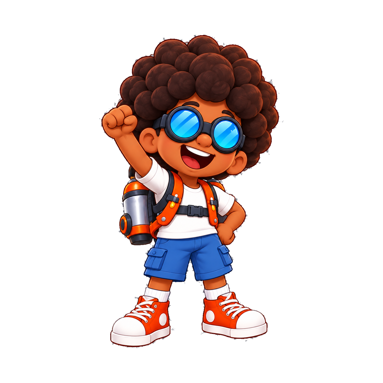 Illustrated Jett with oversized blue goggles, round curls, orange sneakers, and an orange-and-silver jetpack.