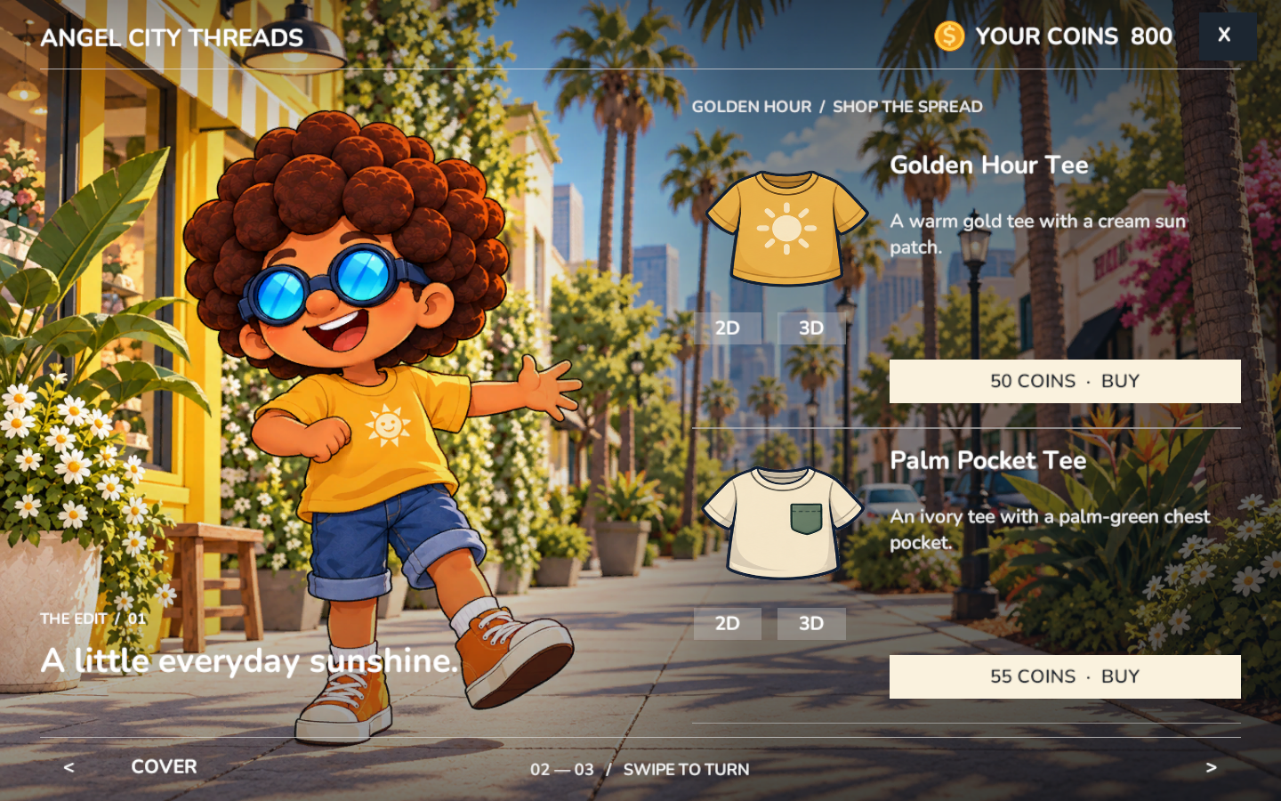 Angel City Threads catalog showing the Golden Hour Tee for 50 coins and Palm Pocket Tee for 55 coins, with 2D and 3D preview controls.