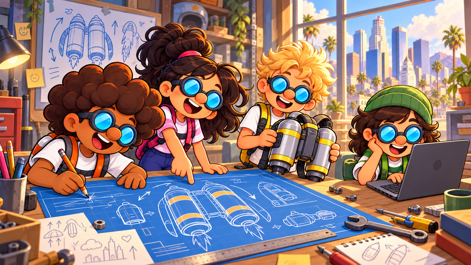 The Jetpack Pals sketch jetpack plans and test a prototype in their workshop. Aire faces the laptop screen, with Angel City’s downtown skyline outside.