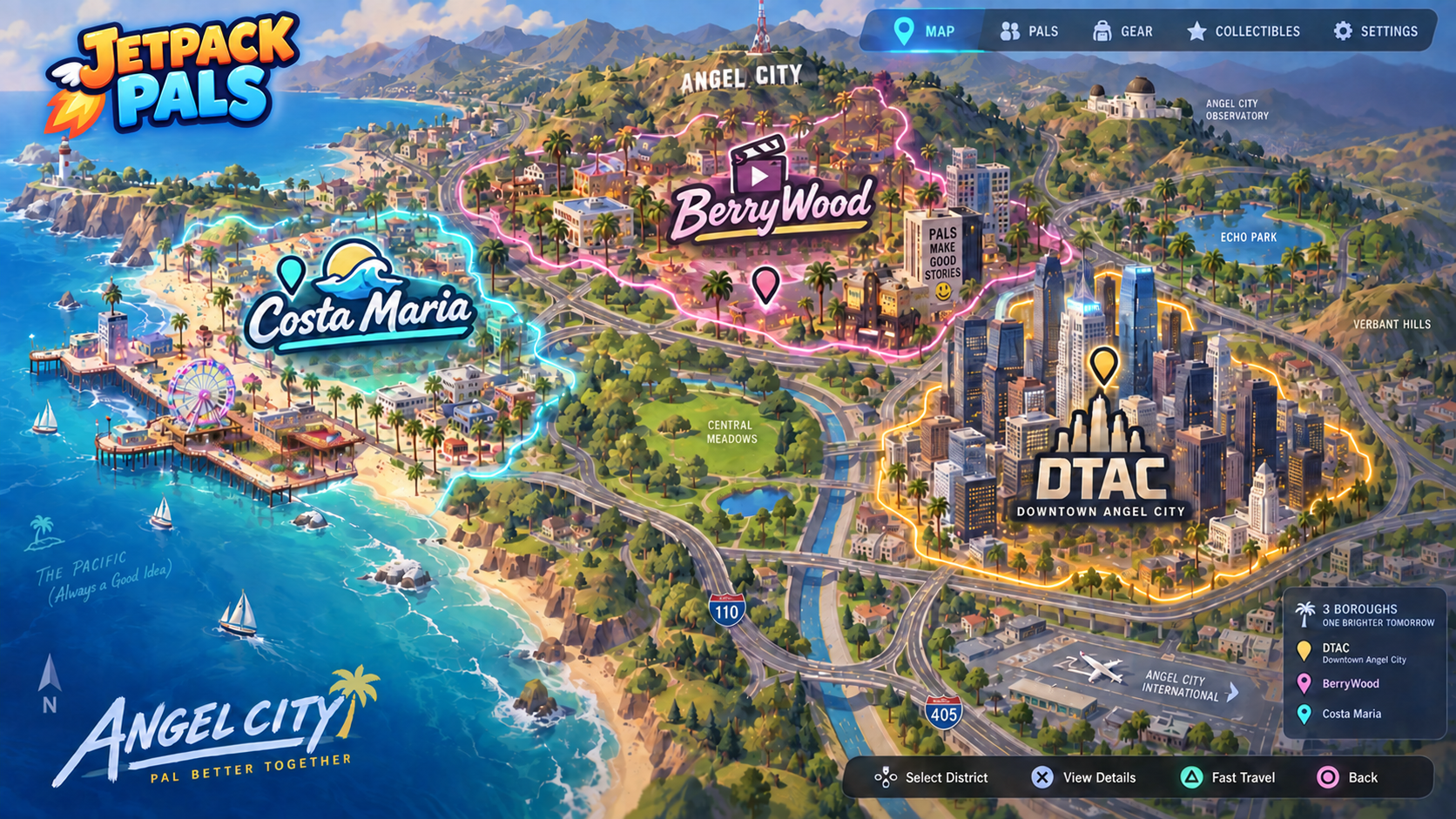 Angel City concept map showing Downtown Angel City, BerryWood, and Costa Maria, with hills, coastline, and connecting roads.