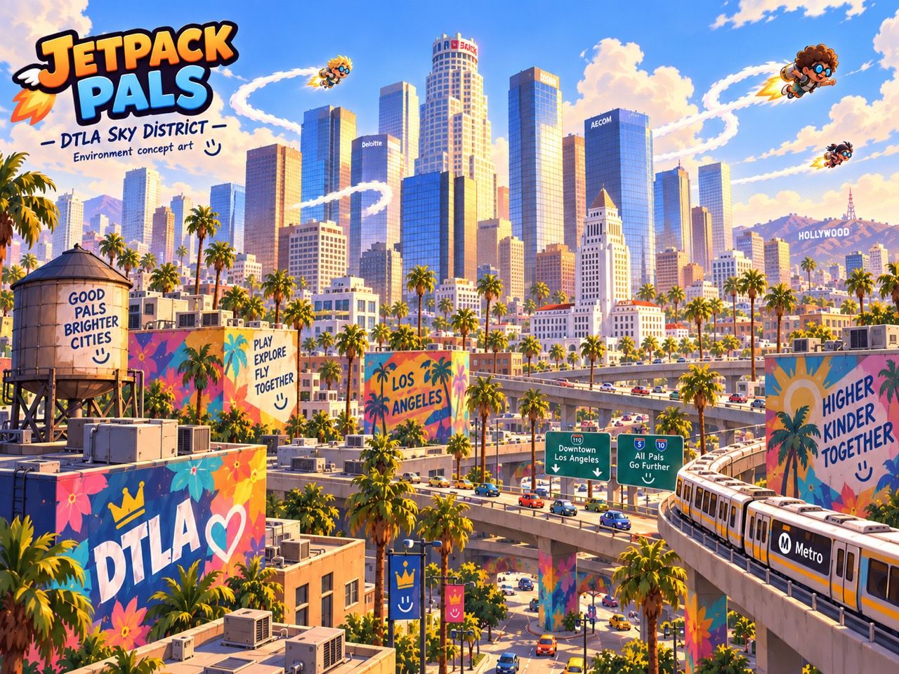 Jetpack Pals downtown environment concept art with Los Angeles-inspired towers, colorful murals, palms, elevated roads, and flying characters.