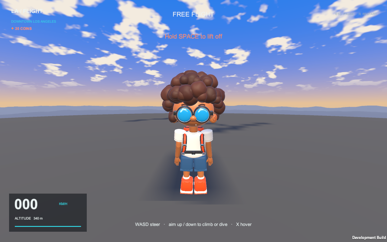 Jett’s 3D game model standing on a rooftop in a development build with flight controls visible.