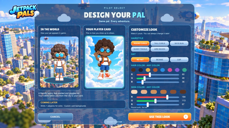 Character studio development capture with a 3D pal, illustrated player card, and hairstyle, hat, hair-color, and skin-color controls.