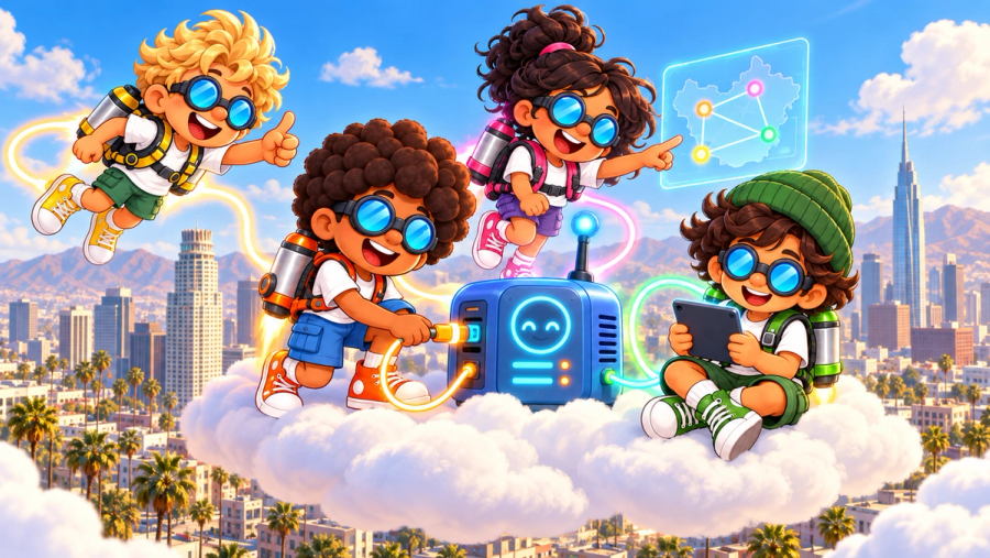 Jett, Skye, Sunny, and Aire connect a cheerful server on a fluffy cloud above the Los Angeles-inspired Angel City skyline.