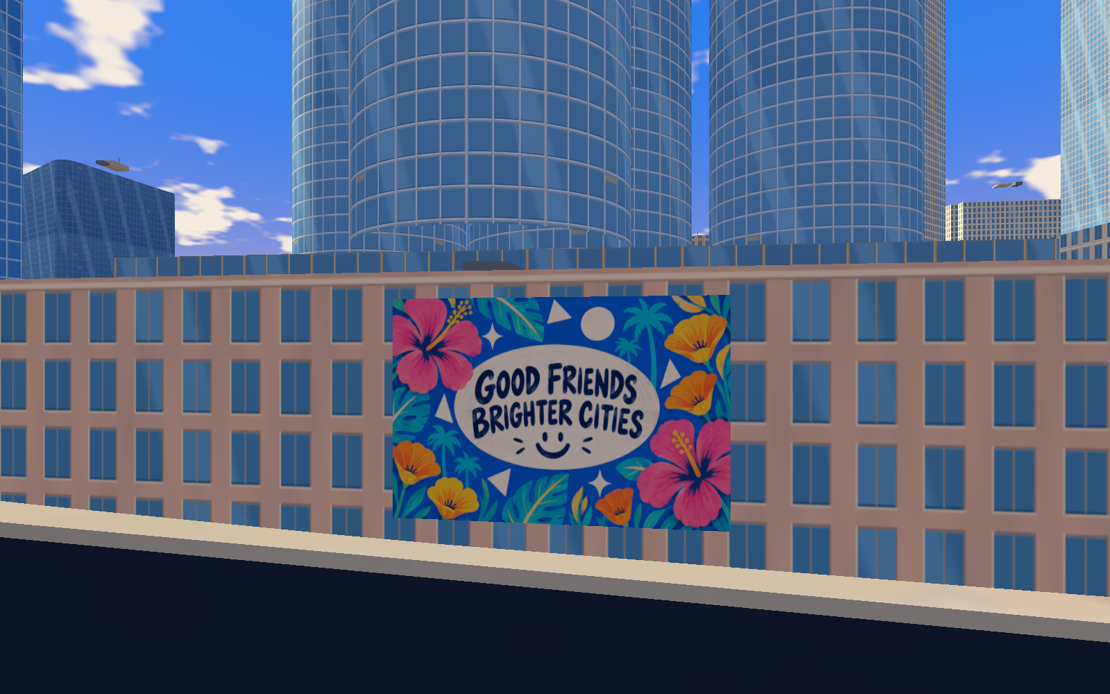 Unity development render of a colorful Good Friends Brighter Cities mural mounted on a warm-colored building beneath blue glass towers.