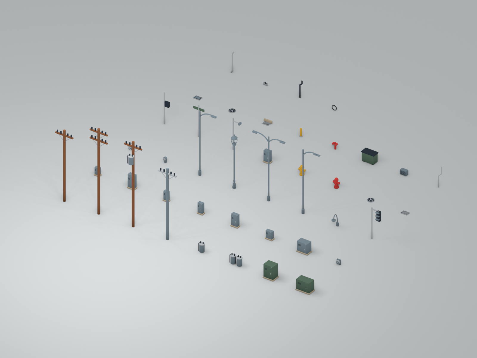 Blender rendering of the city utility kit, including streetlights, wooden power poles, utility cabinets, hydrants, drains, and signals.