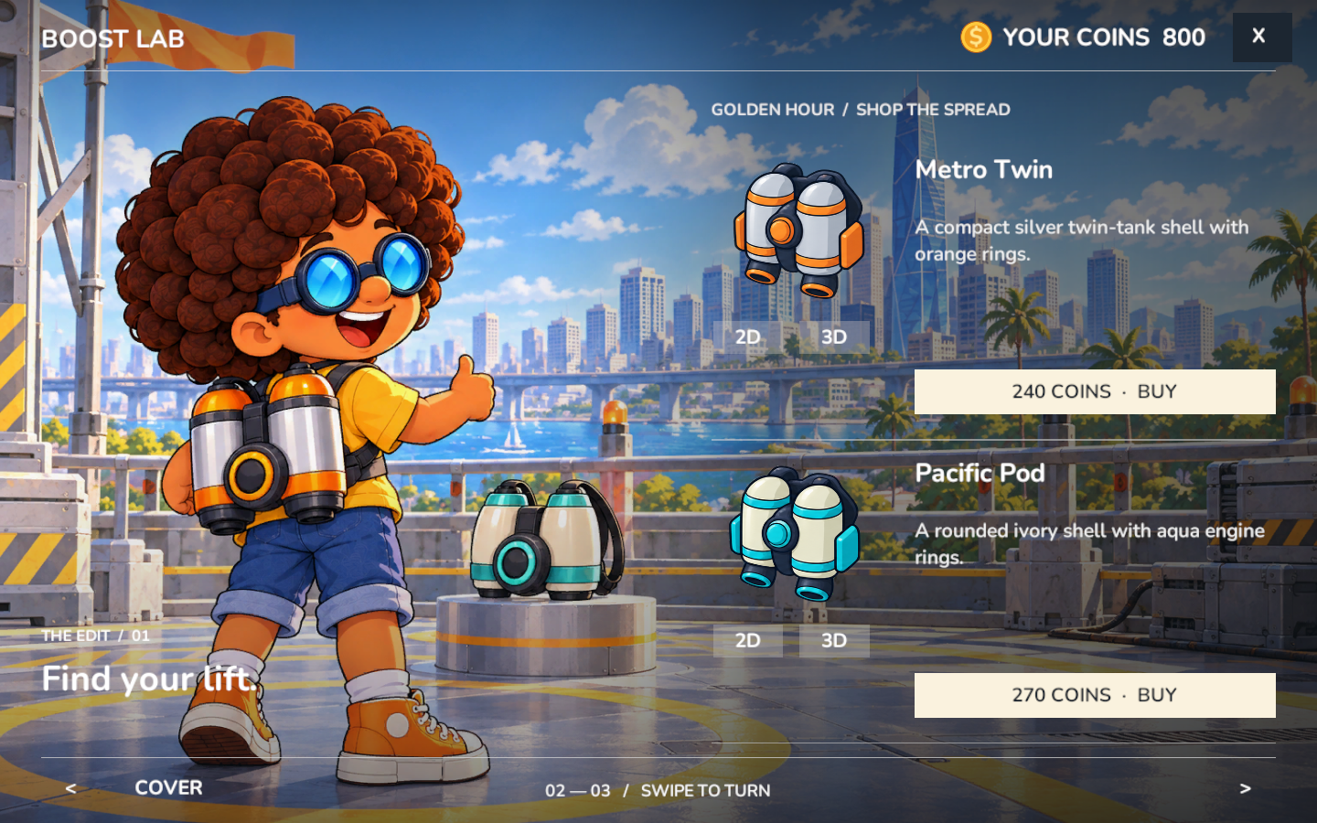 Boost Lab catalog showing the Metro Twin for 240 coins and Pacific Pod for 270 coins alongside illustrated Jett.