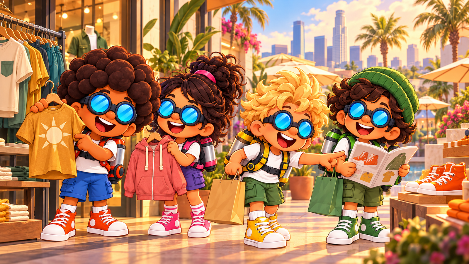 The four Jetpack Pals compare a gold tee, coral hoodie, and shoes during a sunny mall shopping trip.