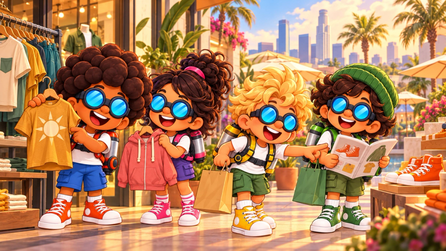 The four Jetpack Pals compare a gold tee, coral hoodie, and shoes during a sunny mall shopping trip.