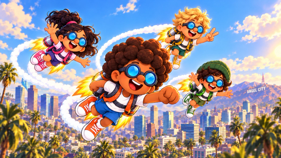 Jett, Aire, Sunny, and Skye flying around Angel City 
