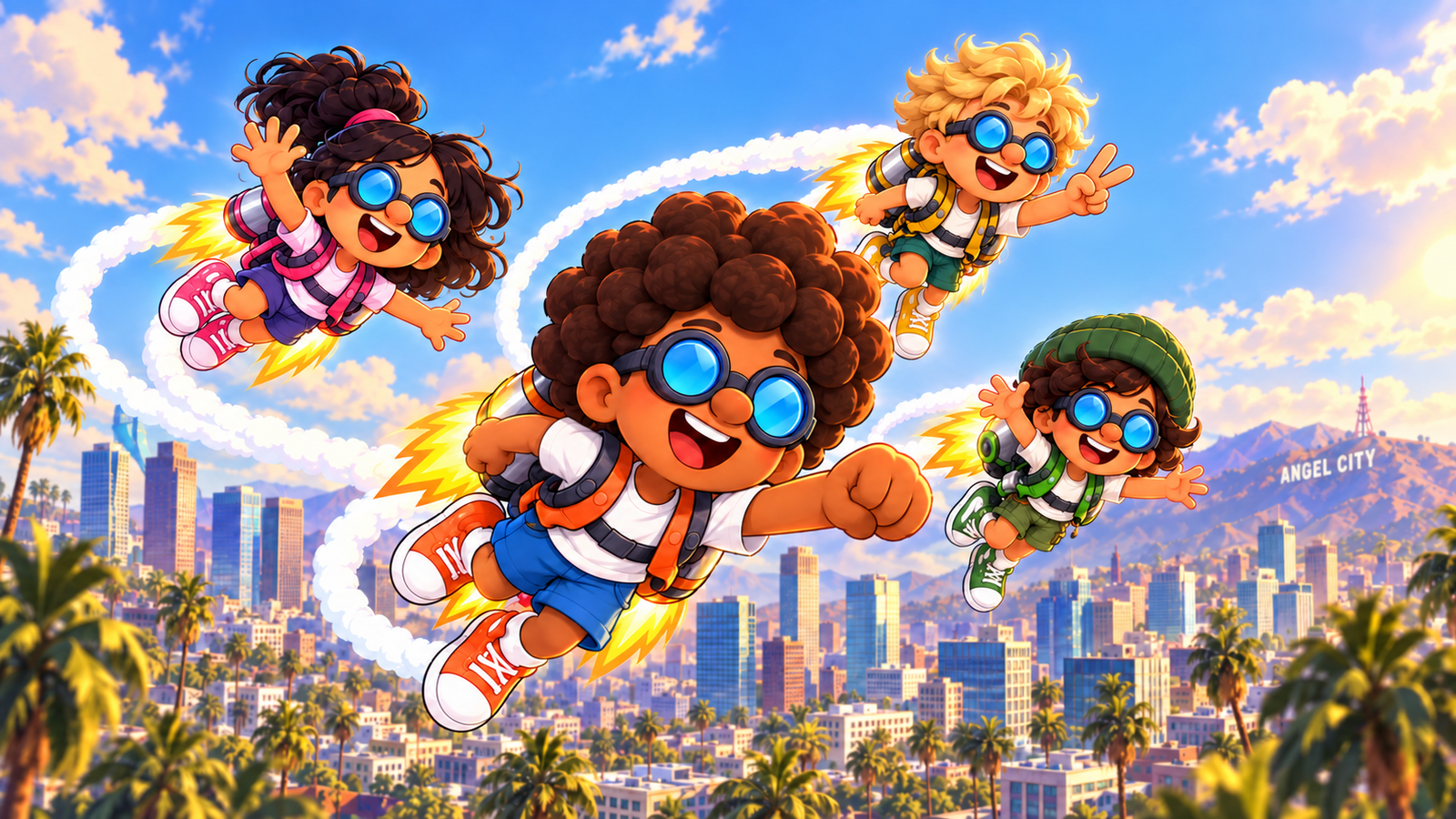 Jett, Aire, Sunny, and Skye flying around Angel City