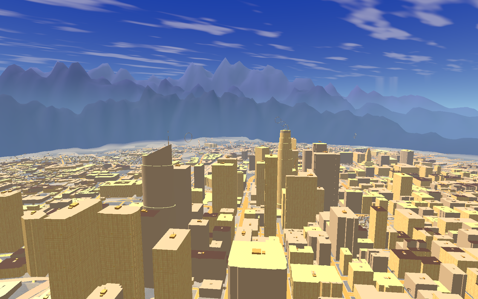 Earlier Unity skyline render with mostly warm neutral building materials and angular mountains behind downtown.