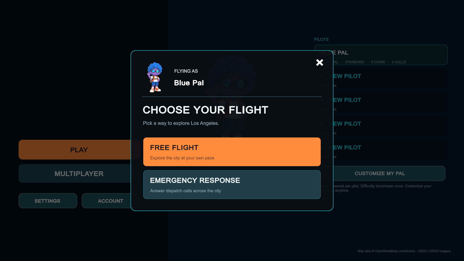 Flight-selection interface displaying the selected Blue Pal portrait beside the pilot name.
