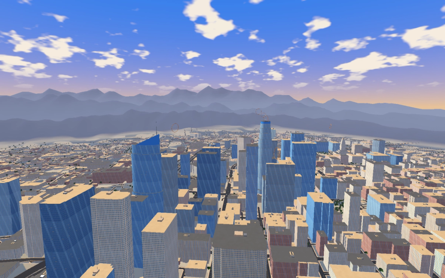 Development render of Angel City’s downtown skyline, with blue glass towers, warm rooftops, and mountains in the distance.