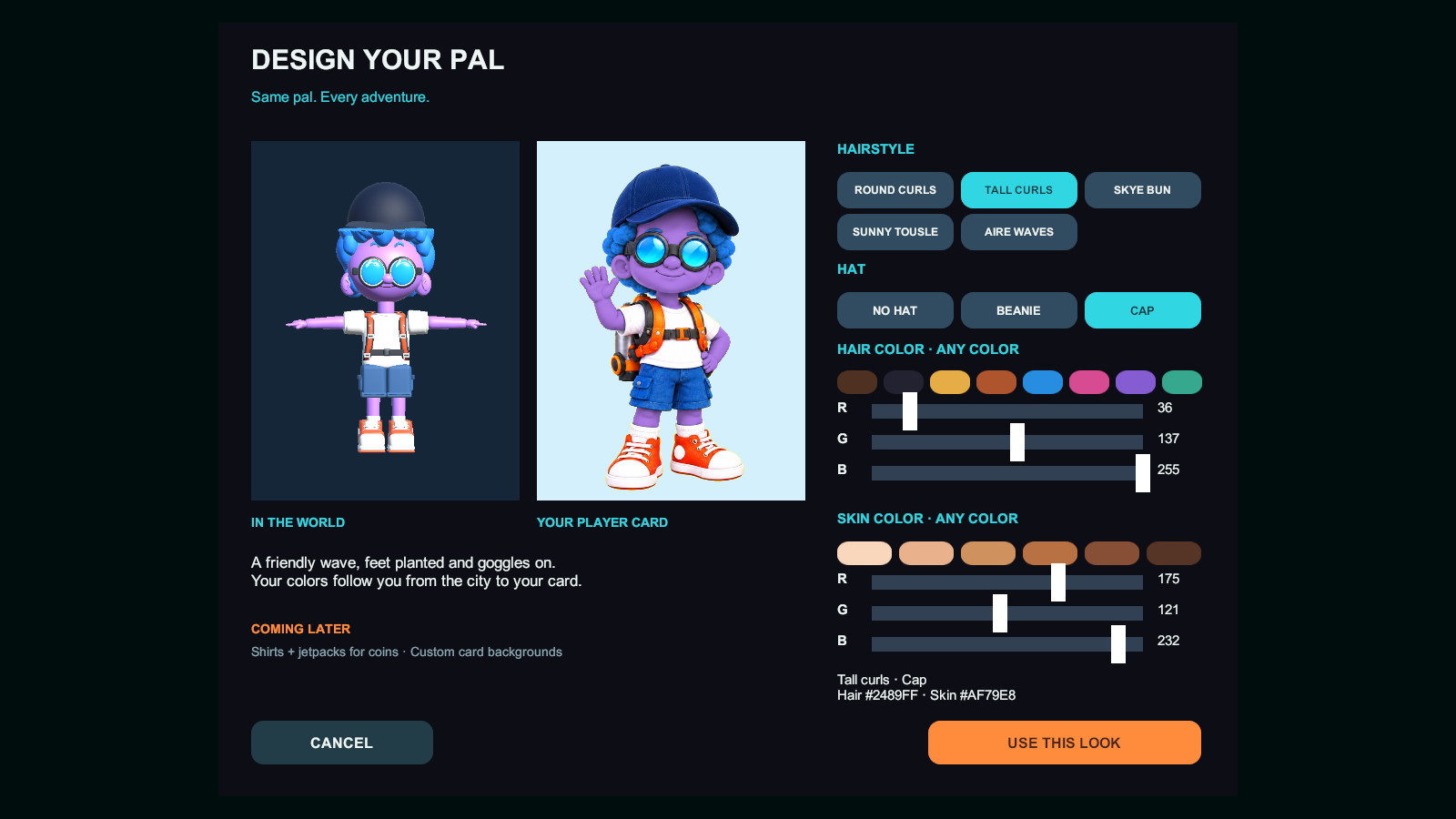 Early customization interface showing blue hair, purple skin, and a navy cap on the 3D character and illustrated card.