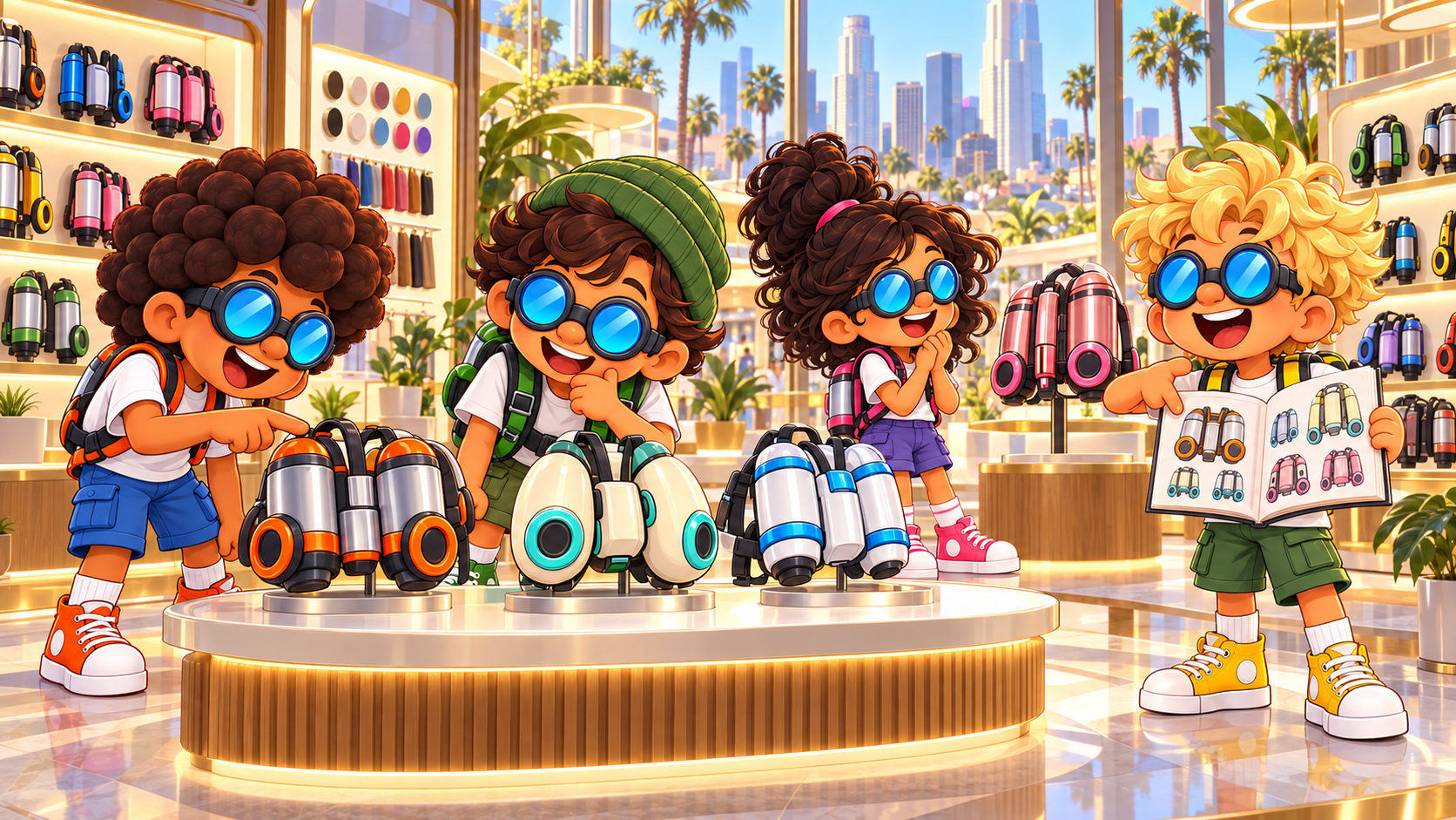Jett, Aire, Skye, and Sunny browse colorful twin-tank jetpacks in a boutique showroom.