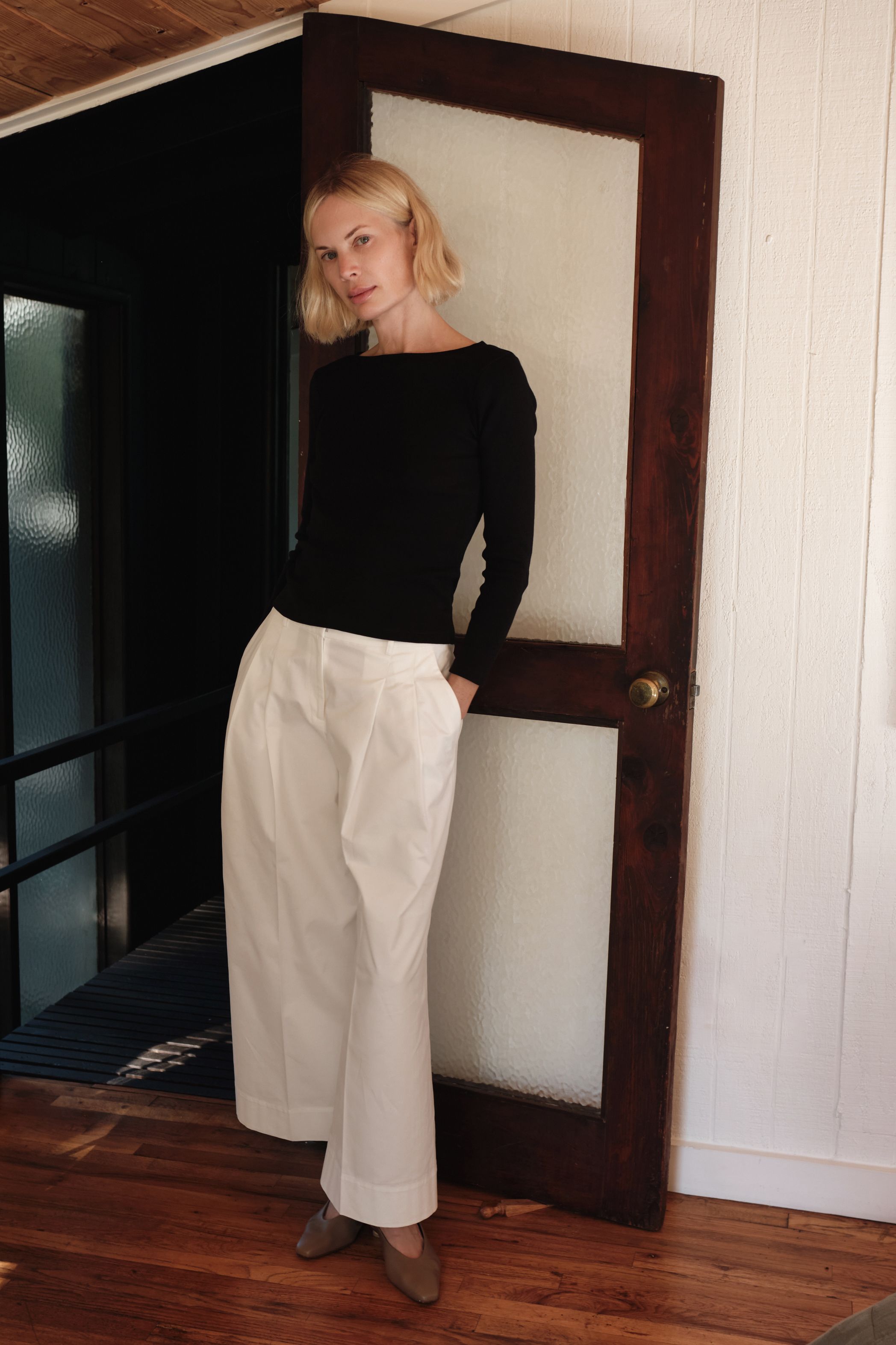 ABOVE, S-T-H Porter Sleeved Tee worn with Wide Leg Trousers and Carmen by LoQ