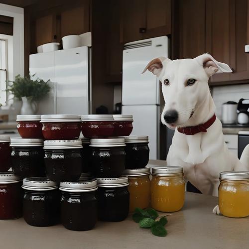 Dog looking at a collection of jam jars on the kitchen counter
