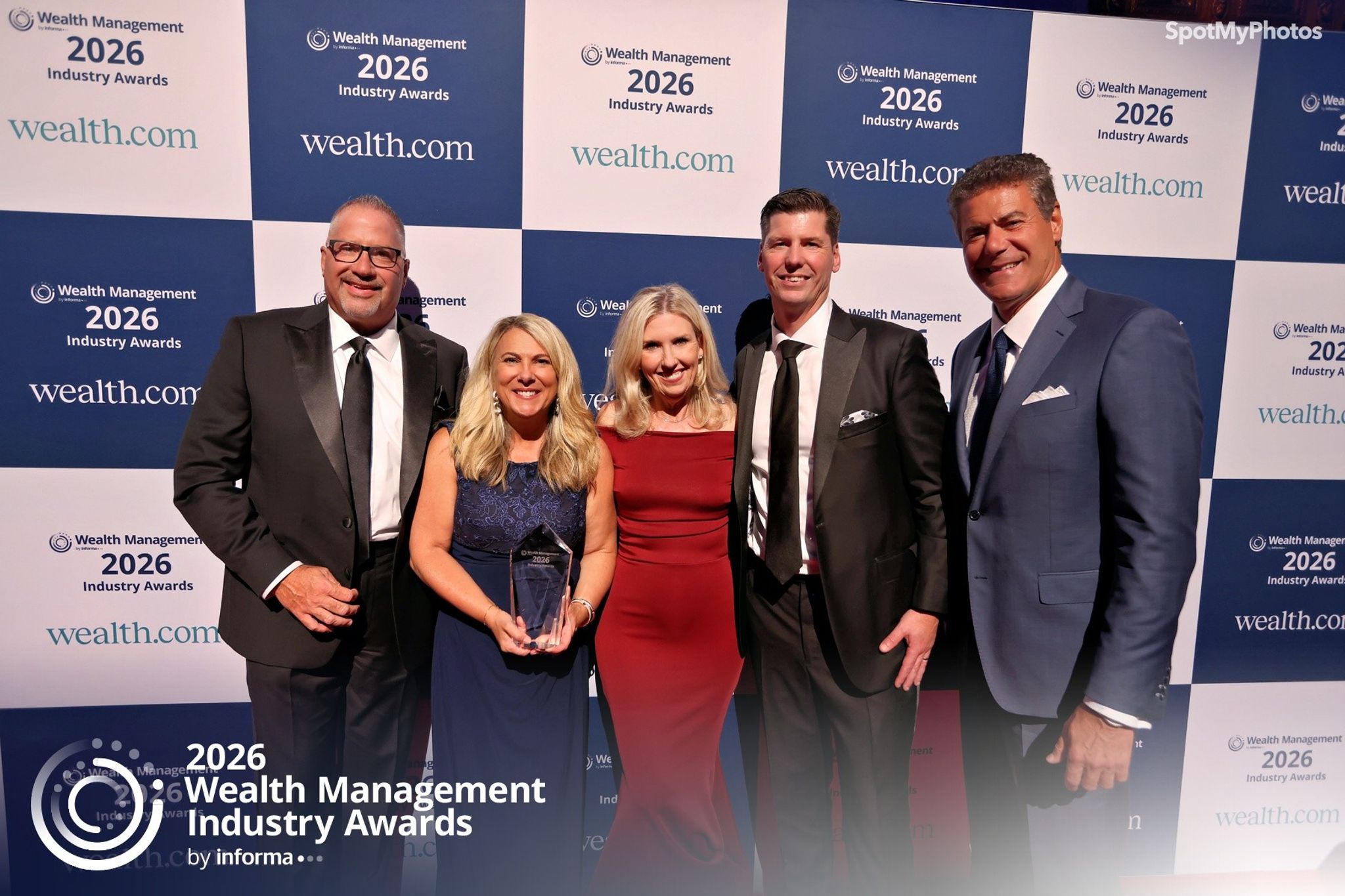 John DiMonda, Erinn Ford, Shannon Reid, Joe Gaeckle, and Phil Blancato accept two awards on behalf of Osaic at the 2026 Wealth Management Industry Awards