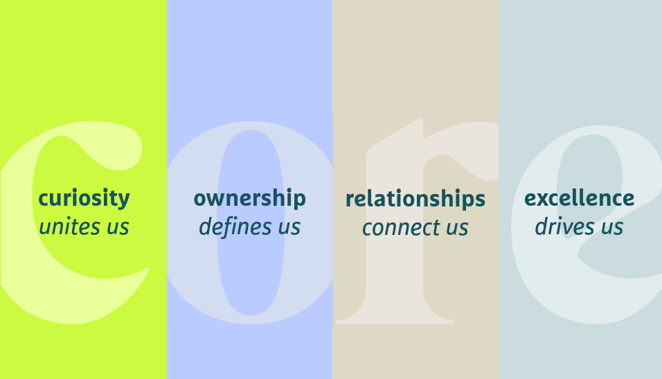 Curiosity unites us Ownership defines us Relationships connect us Excellence drives us