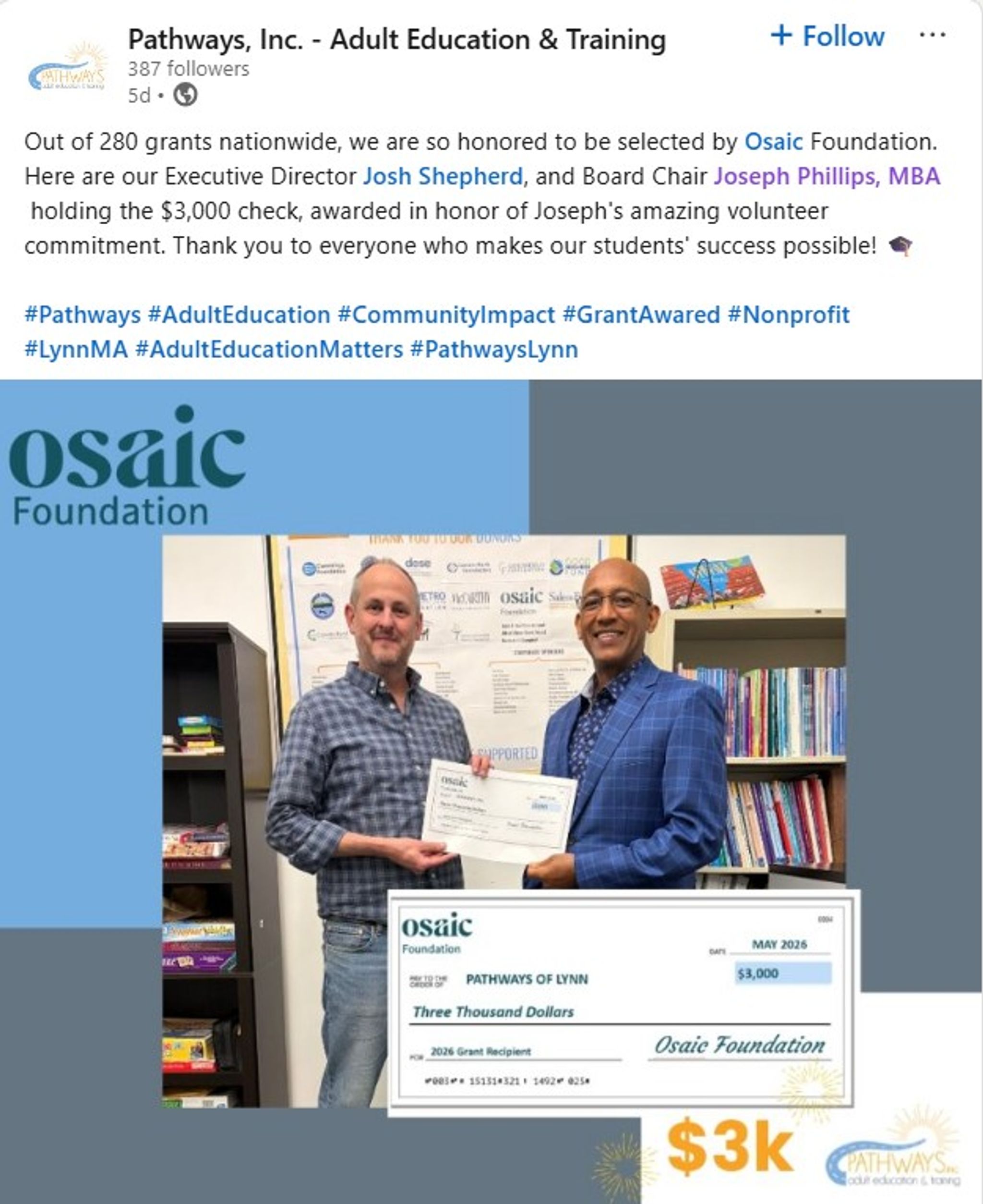 Many nonprofit recipients often celebrate the volunteerism of Osaic people in their social media posts, raising awareness of their charity, their volunteers and of Osaic.