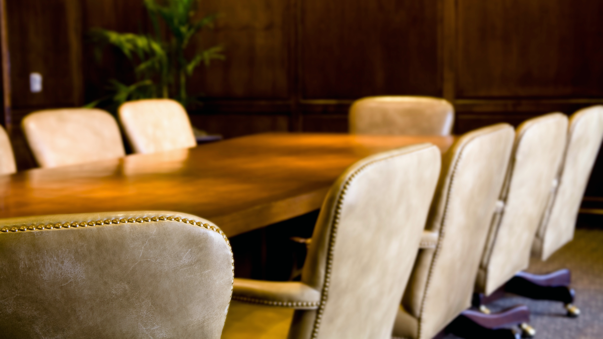 Chairs surrounding a large wooden table.