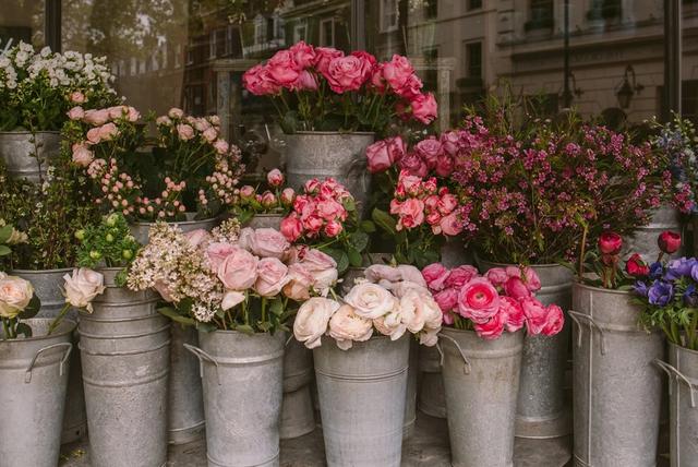 Fiori nei secchi di zinco davanti alla vetrina di una bottega
