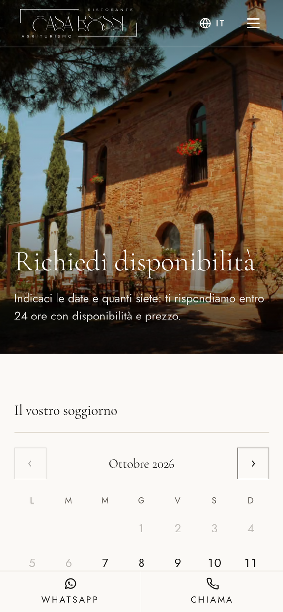 La pagina Richiedi disponibilità con il calendario, dal telefono