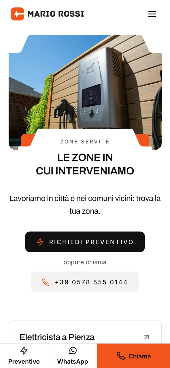 Esempio: la pagina delle zone servite dal telefono, con Preventivo, WhatsApp e Chiama sempre in basso