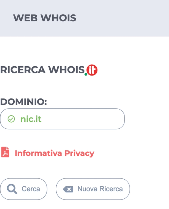 La pagina Web Whois del Registro .it con il nome nic.it scritto nel campo Dominio