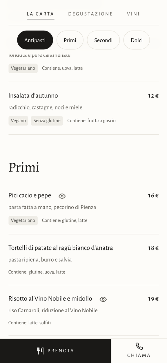 Menu della demo ristorante dal telefono