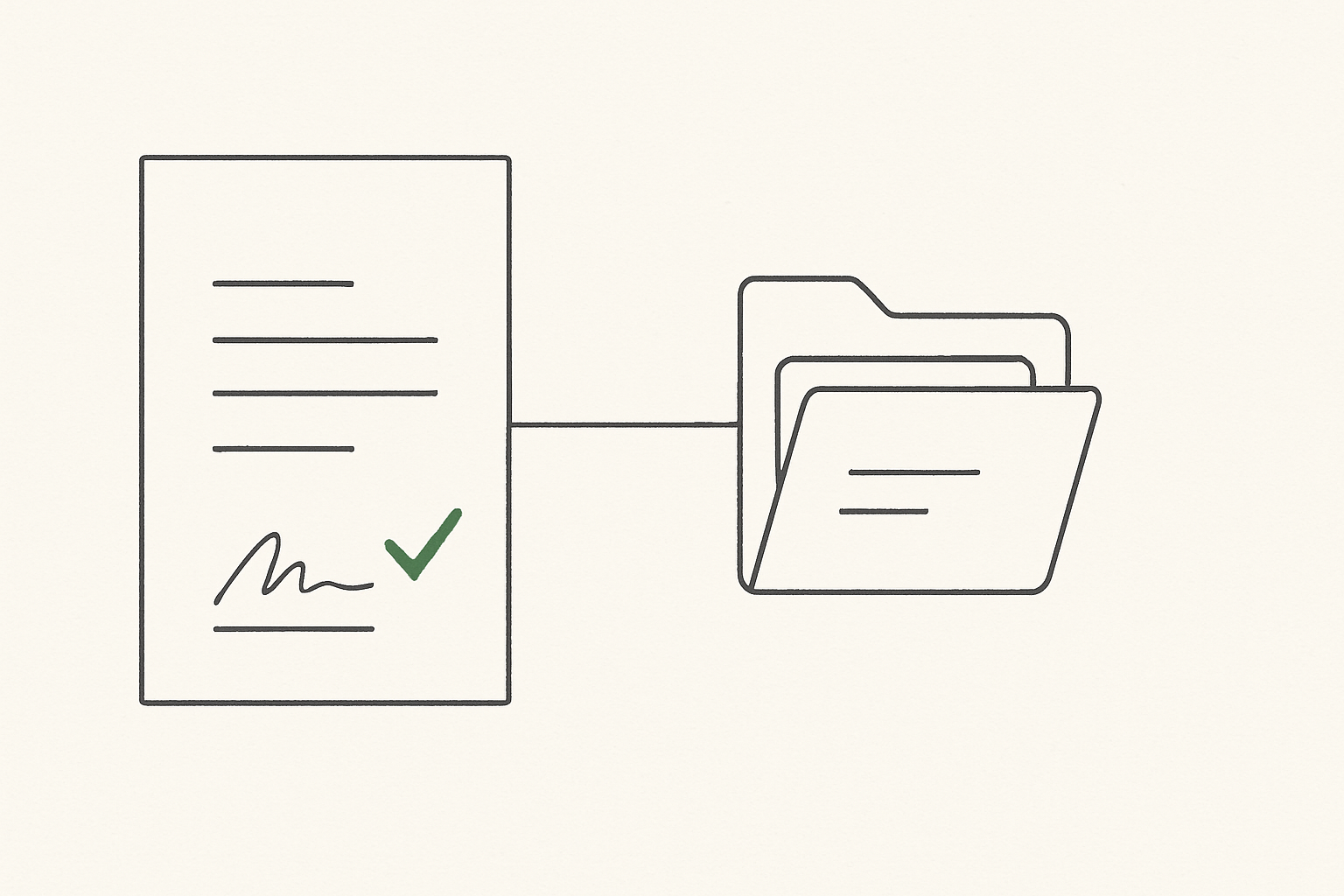 Line illustration of a signed letter connecting through automation to a client-record folder