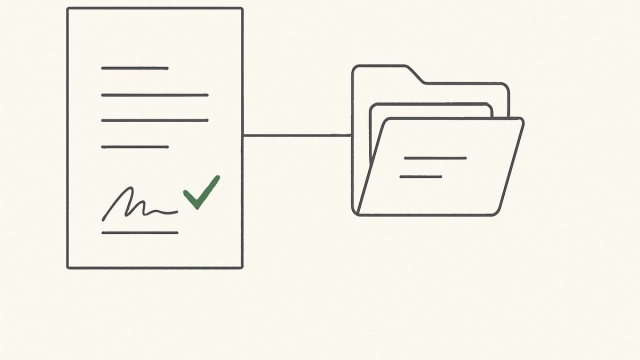 Line illustration of a signed letter connecting through automation to a client-record folder