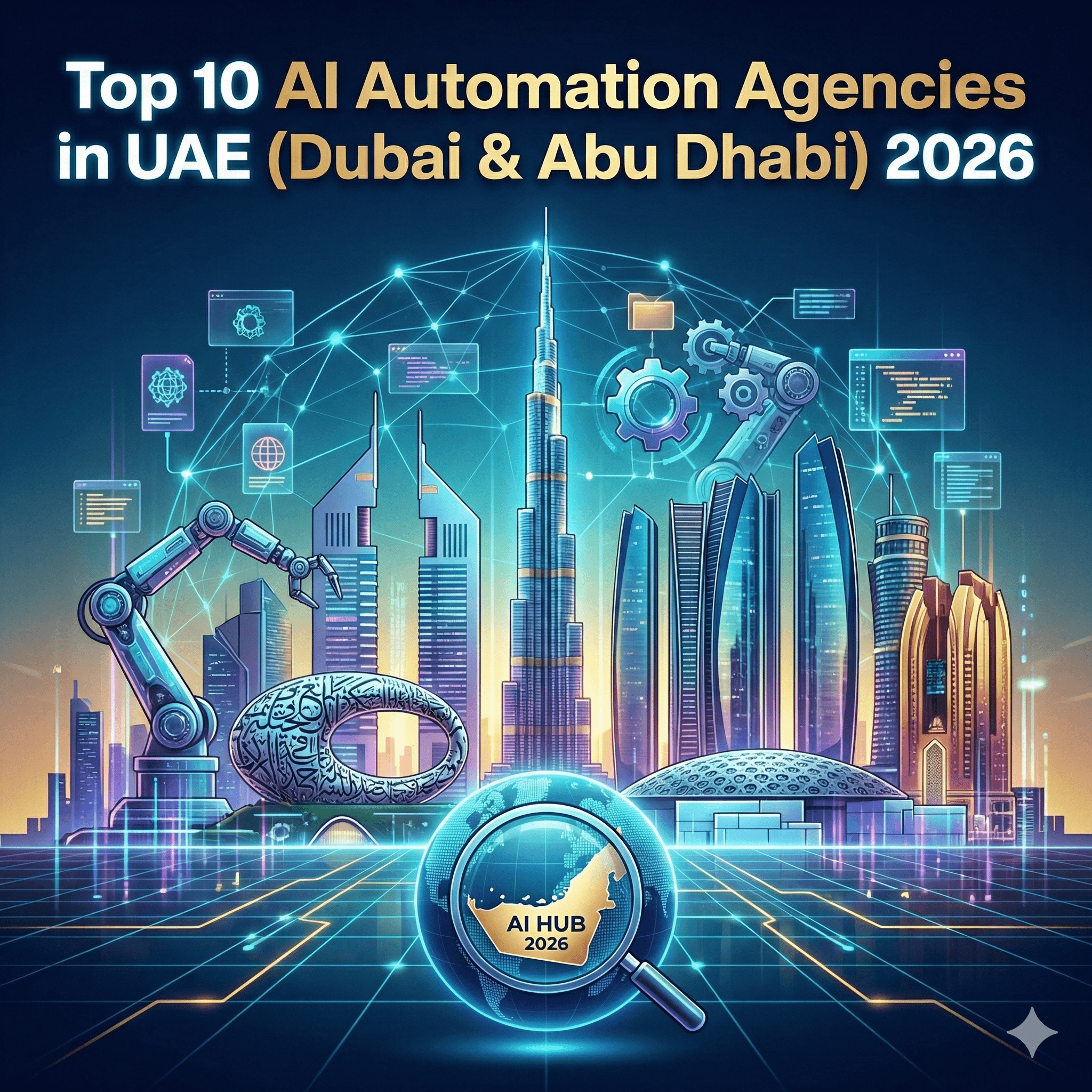 Abstract line illustration representing Top 10 AI Automation Agencies in UAE (Dubai & Abu Dhabi) 2026