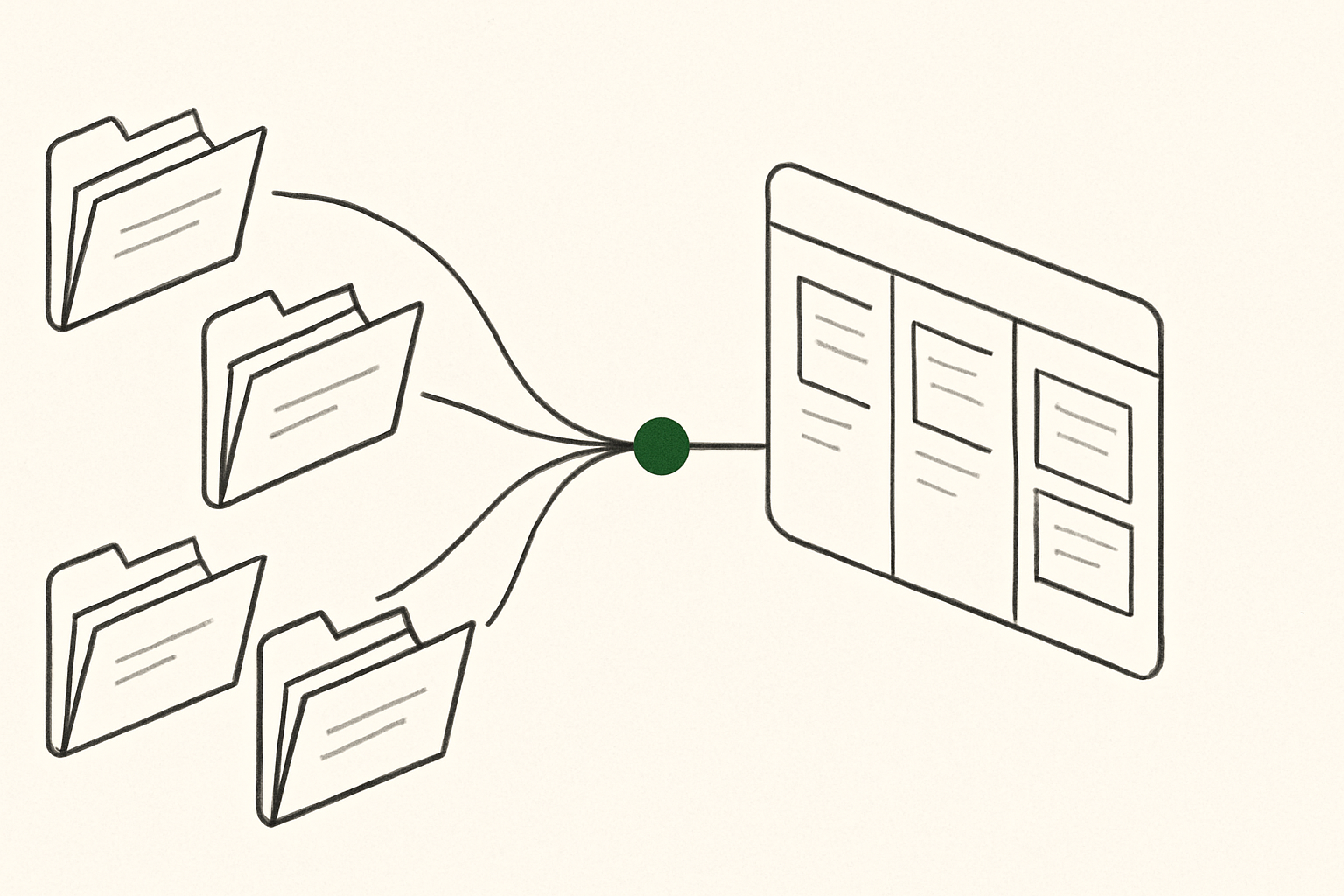 Line illustration of multiple partner folders converging into one shared workflow board