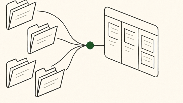 Line illustration of multiple partner folders converging into one shared workflow board