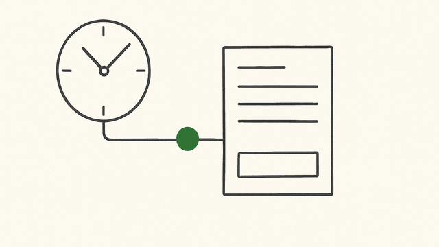 Line illustration of a timer connected through automation to a blank invoice document