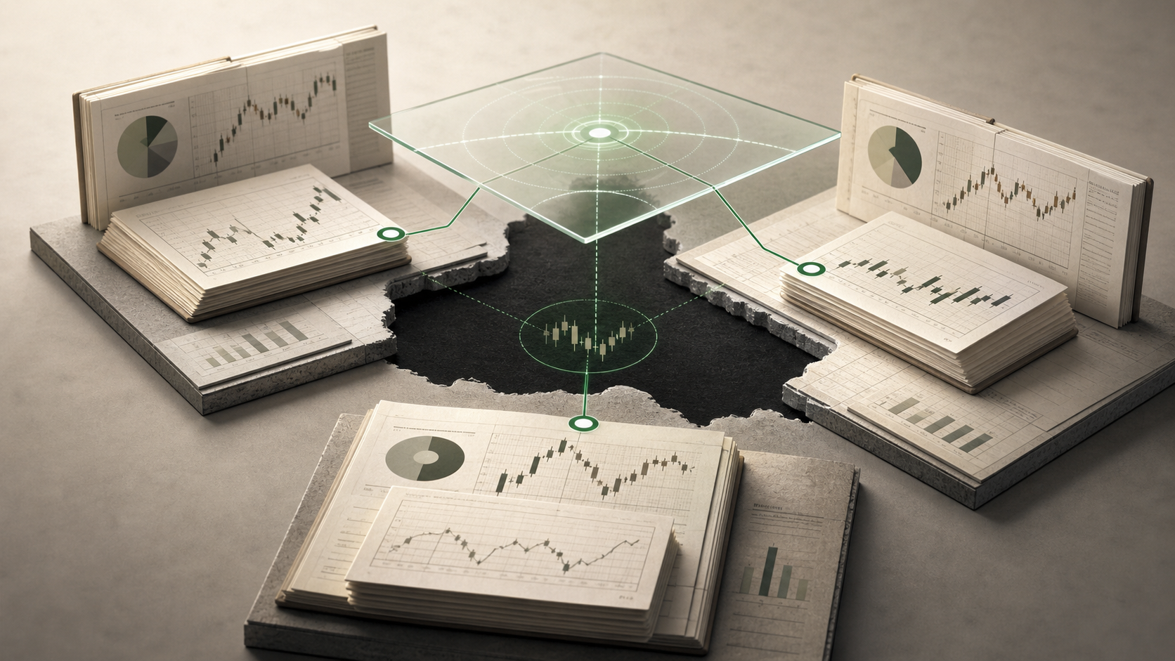 Editorial illustration of separate custodian account ledgers connected by a detection layer over a wash sale blind spot