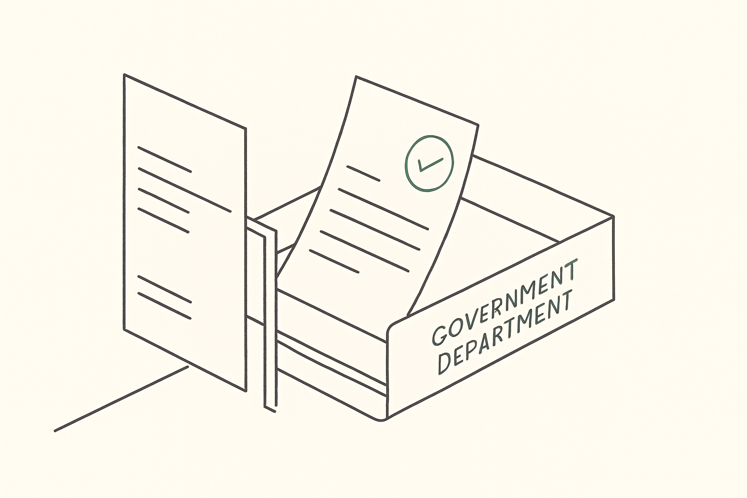 Line illustration of an invoice passing through a validation gate into a filing tray